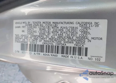 2010 Toyota Tacoma Base V6 z USA, uszkodzony, nr VIN 5TEUU4EN8AZ711013